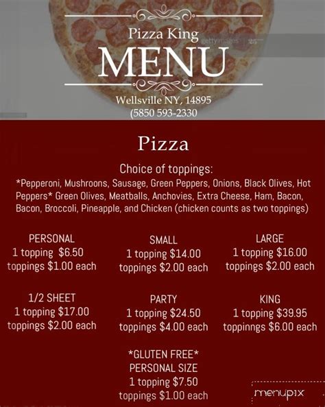 View the Menu of Napoli Pizza of Wellsville in 253 S Main St, Wellsville, NY 14895, Wellsville, NY. . Pizza king wellsville menu